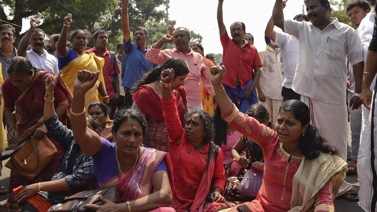 Protestors at Sabarimala temple on Wednesday.