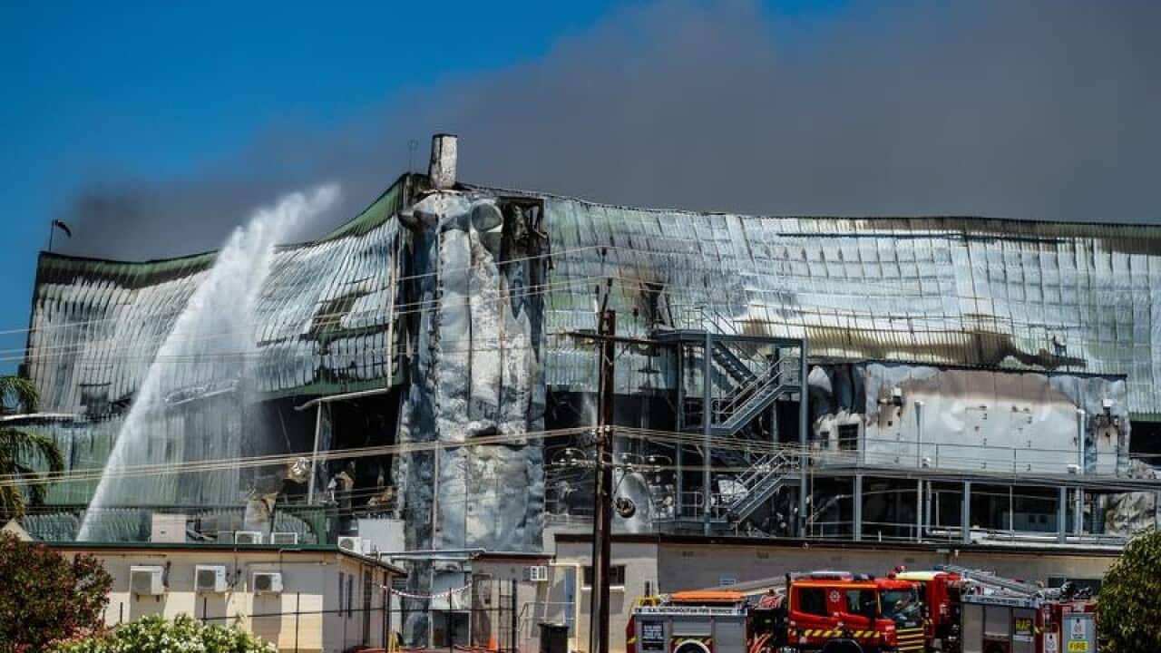 Fire burning at the Thomas Foods Murray Bridge abattoir.