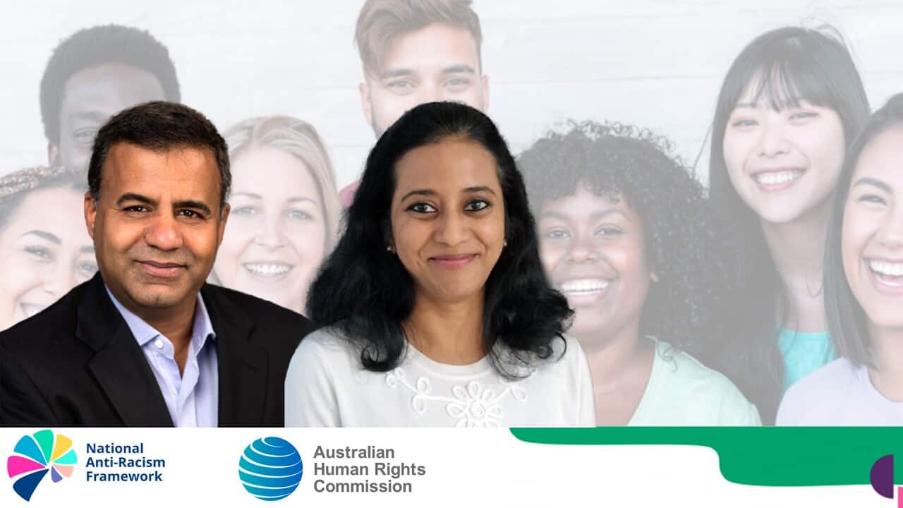 Dr Mohammed Haroon Kasim (Left) and Sumathi Vijay (Right) on the foreground of the cover of AHRC's recent report, "National Anti-Racism Framework"