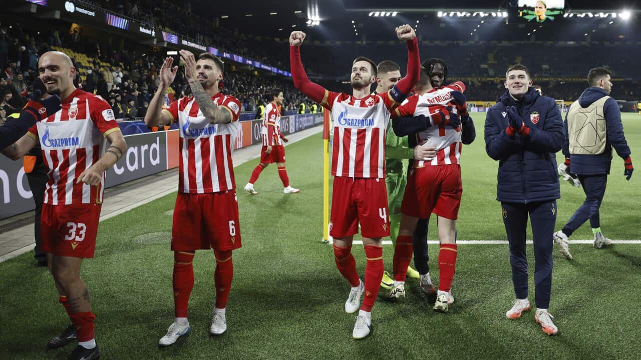 Red Star Belgrade players celebrate after winning the Champions League match against BSC Young Boys in Bern, Switzerland