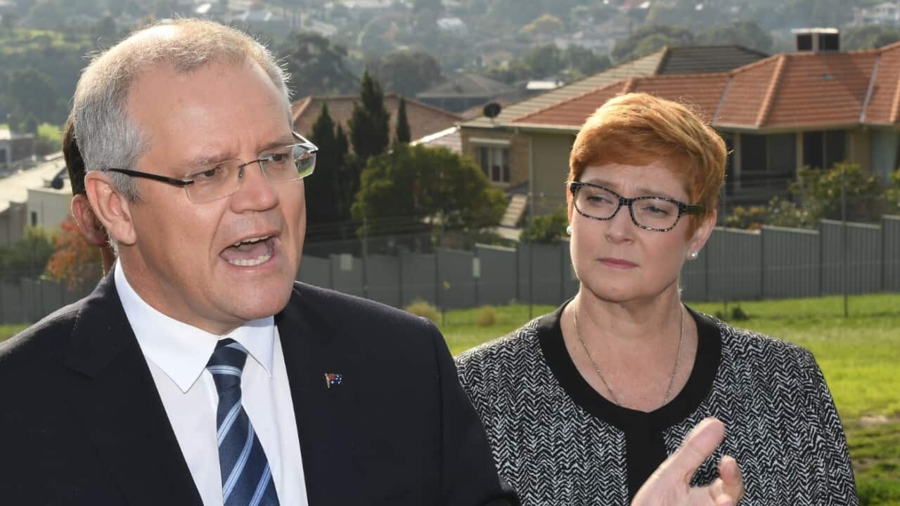 File: PM Scott Morrison (left) and Defence Minister Marise Payne address the media in Melbourne