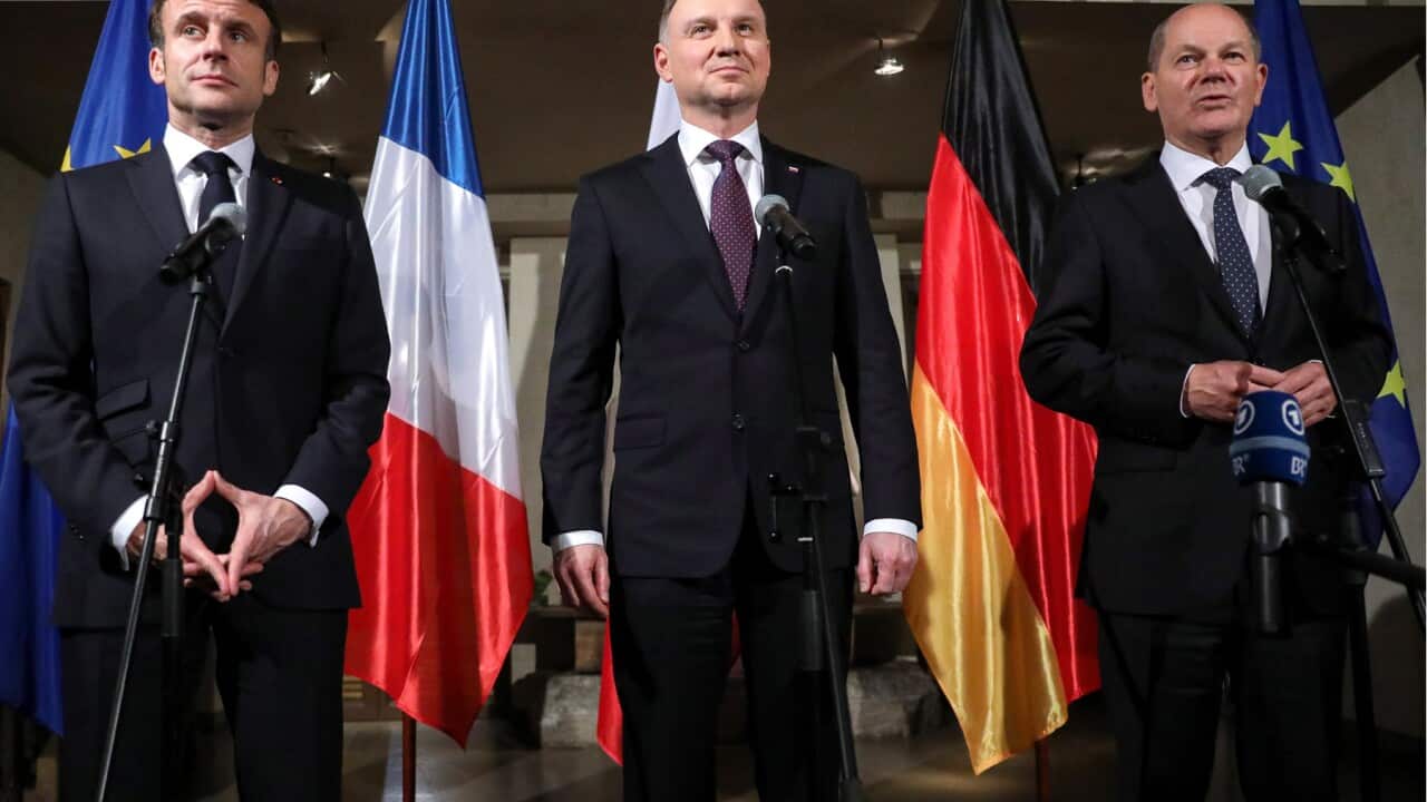 French President Emmanuel Macron, Poland's leader Andrzej Duda and German chancellor Olaf Scholz (AAP).jpg