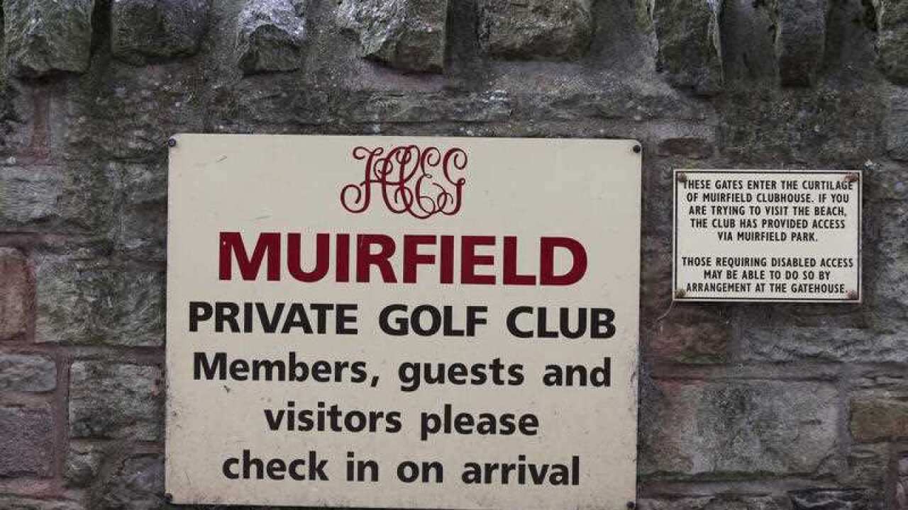 A general view of Muirfield golf club sign as the Captain of Muirfield Golf Club