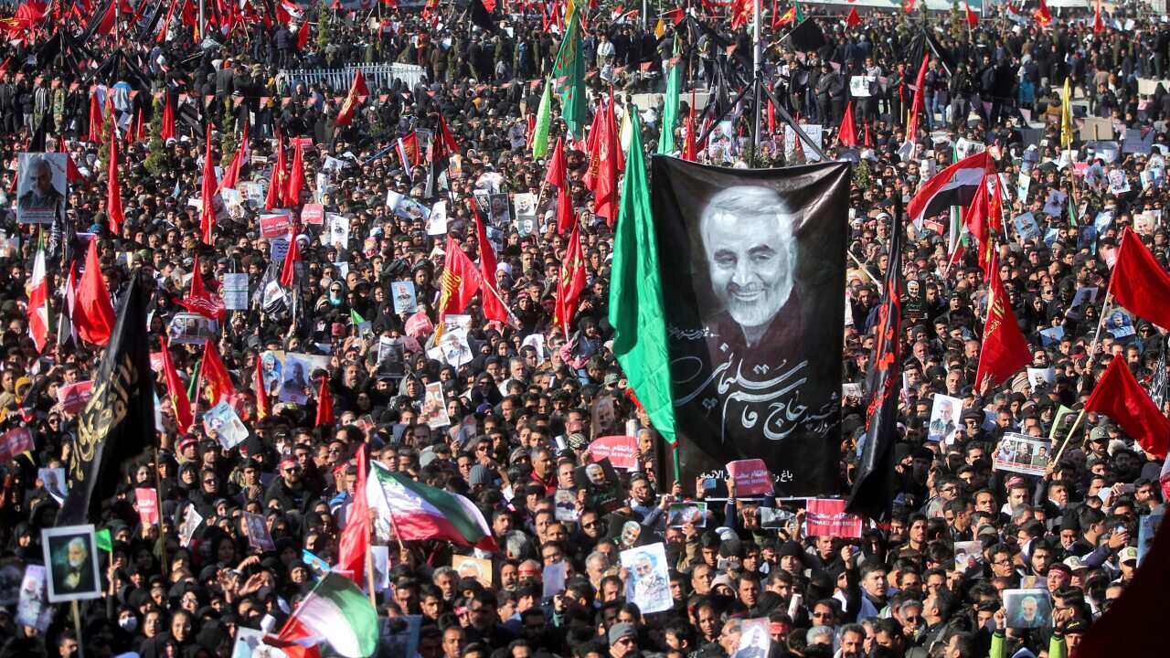 Mourners attend a funeral ceremony for Iranian General Qassem Soleimani killed in Iraq in a US drone strike on Friday.