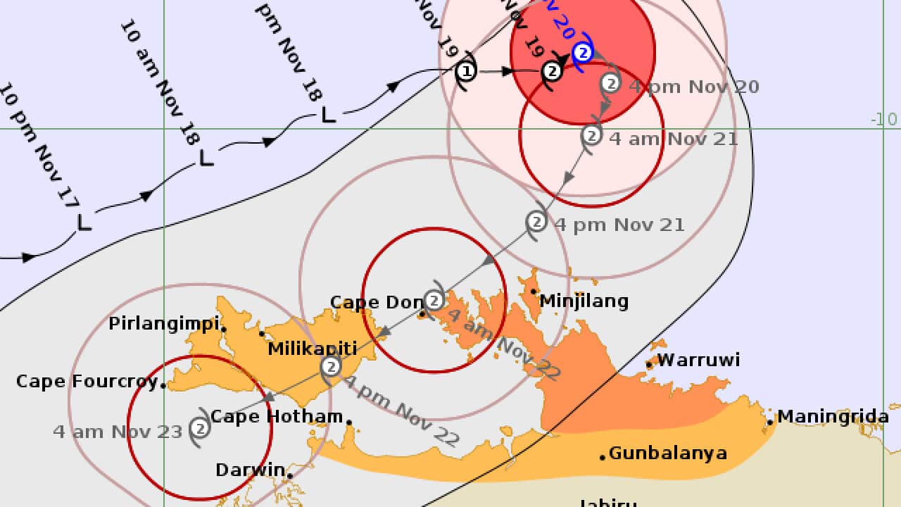 Cyclone Fina forecast map showing its projected path toward the Top End with category-two warning zones highlighted.