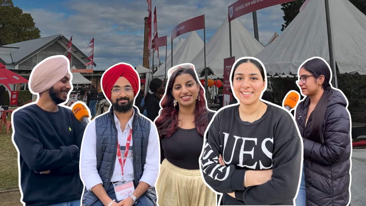 a collage showing international students present at Western Sydney University's parramatta campus . it features 2 turbaned boys and three girls all from India