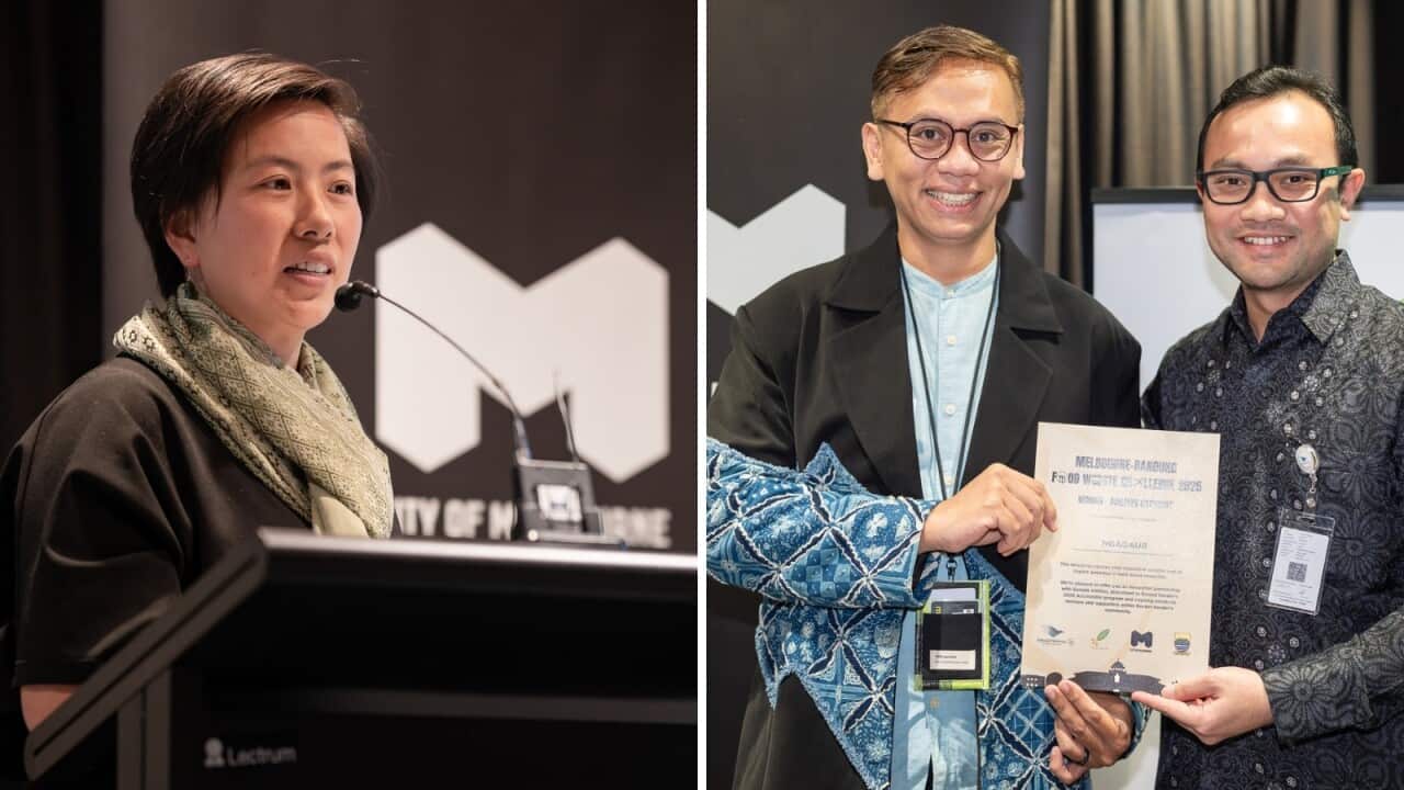 Left photo: Xuan Wang from Melbourne's Wasteplant. Right photo: Ari Satria Bakti from Ngadaur (a Bandung finalist) with Ridho Arindiko (far right), General Manager of Garuda Indonesia in Victoria.