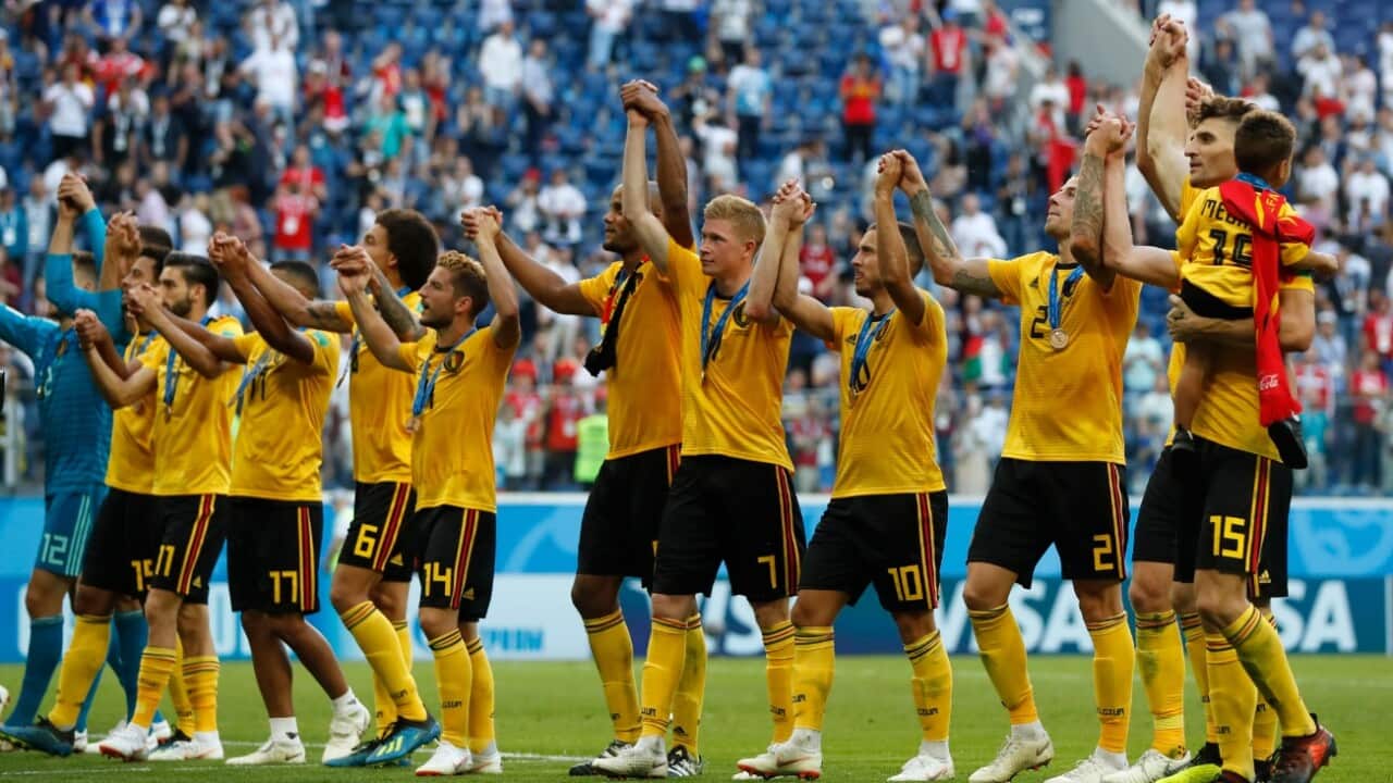 Belgium players salute the fans after defeating England in the third place match at the 2018 soccer World Cup in the St. Petersburg Stadium