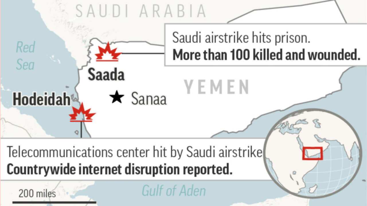 Map of air strikes in Yemen