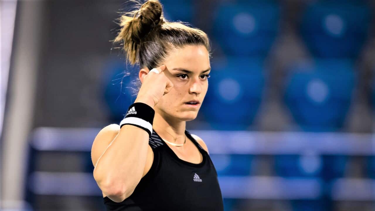 Maria Sakkari at the 2021 Abu Dhabi WTA Women's Tennis Open WTA 500 tournament.