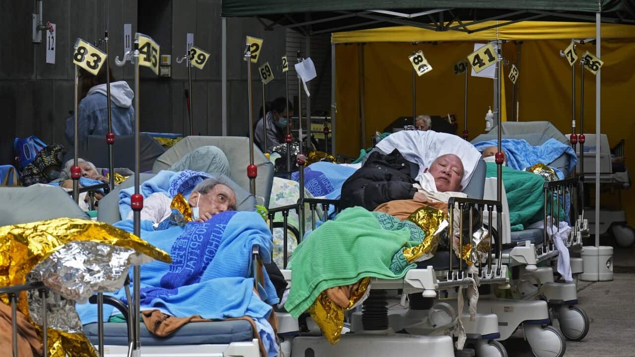 Patients at a temporary holding area outside Caritas Medical Centre in Hong Kong