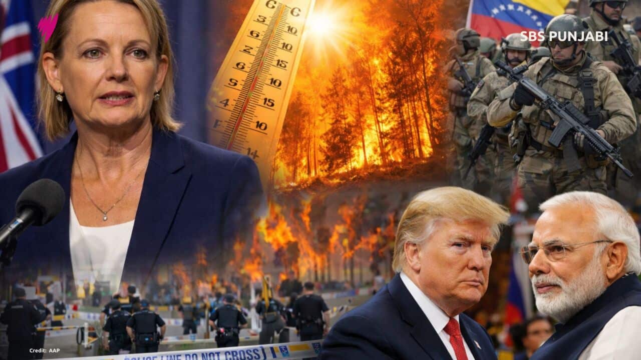 A collage of images showing rising temperatures, the President of the US, the Prime Minister of India, along with Australia's Federal Leader of Opposition, in the backdrop of escalating tensions.