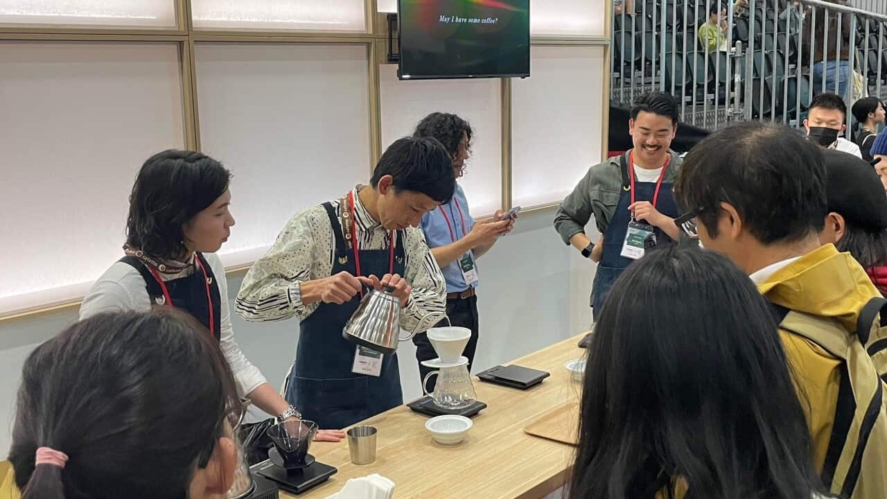 Coffee brewing at a booth.