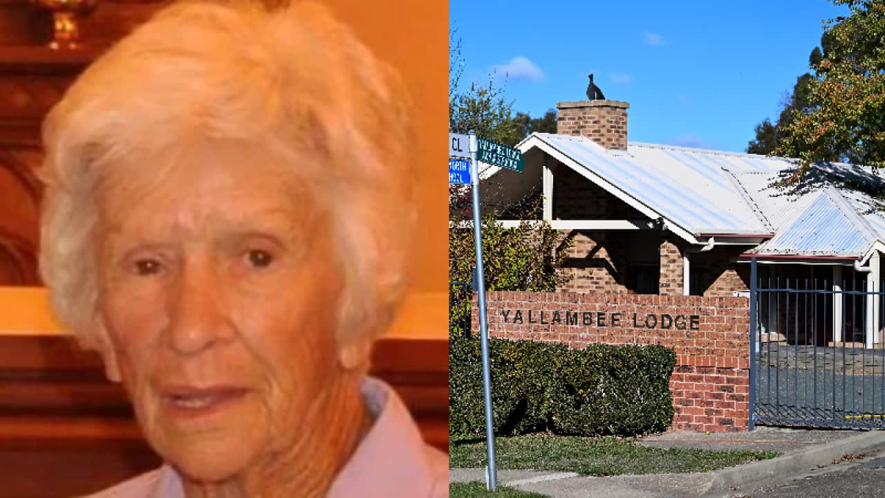 A split image of a woman next to a nursing home.