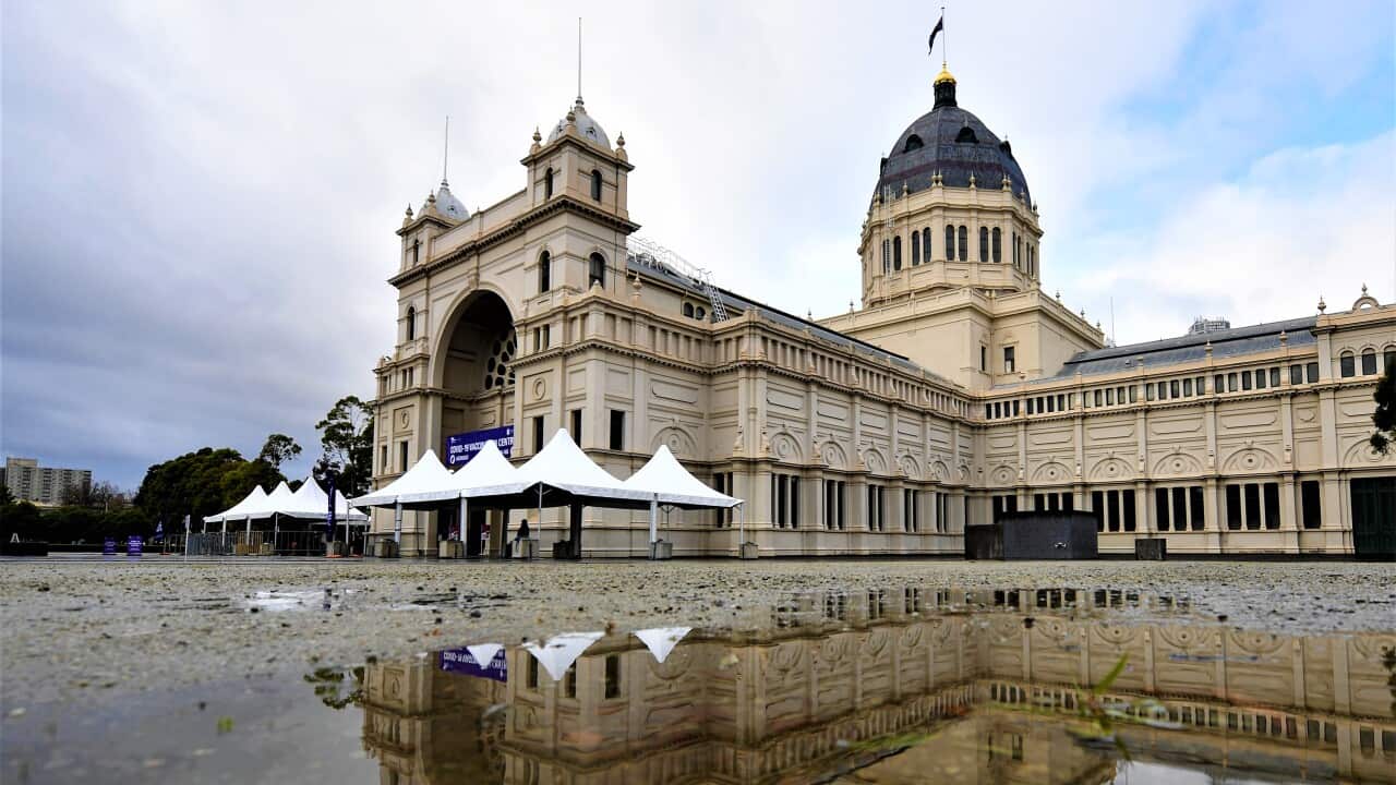 A general view outside the vaccination centre at the Royal Exhibition Building in Melbourne.