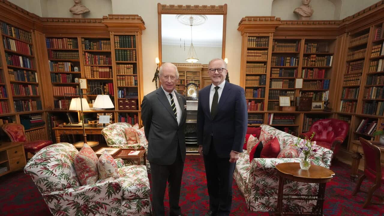 Two men stand in a richly appointed library, flanked by tall wooden bookshelves filled and armchairs and sofas. The man on the left (King Charles) wears a grey suit and striped tie, while the man on the right (Anthony Albanese) wears a dark blue suit and a solid dark tie, both posing directly for the camera.