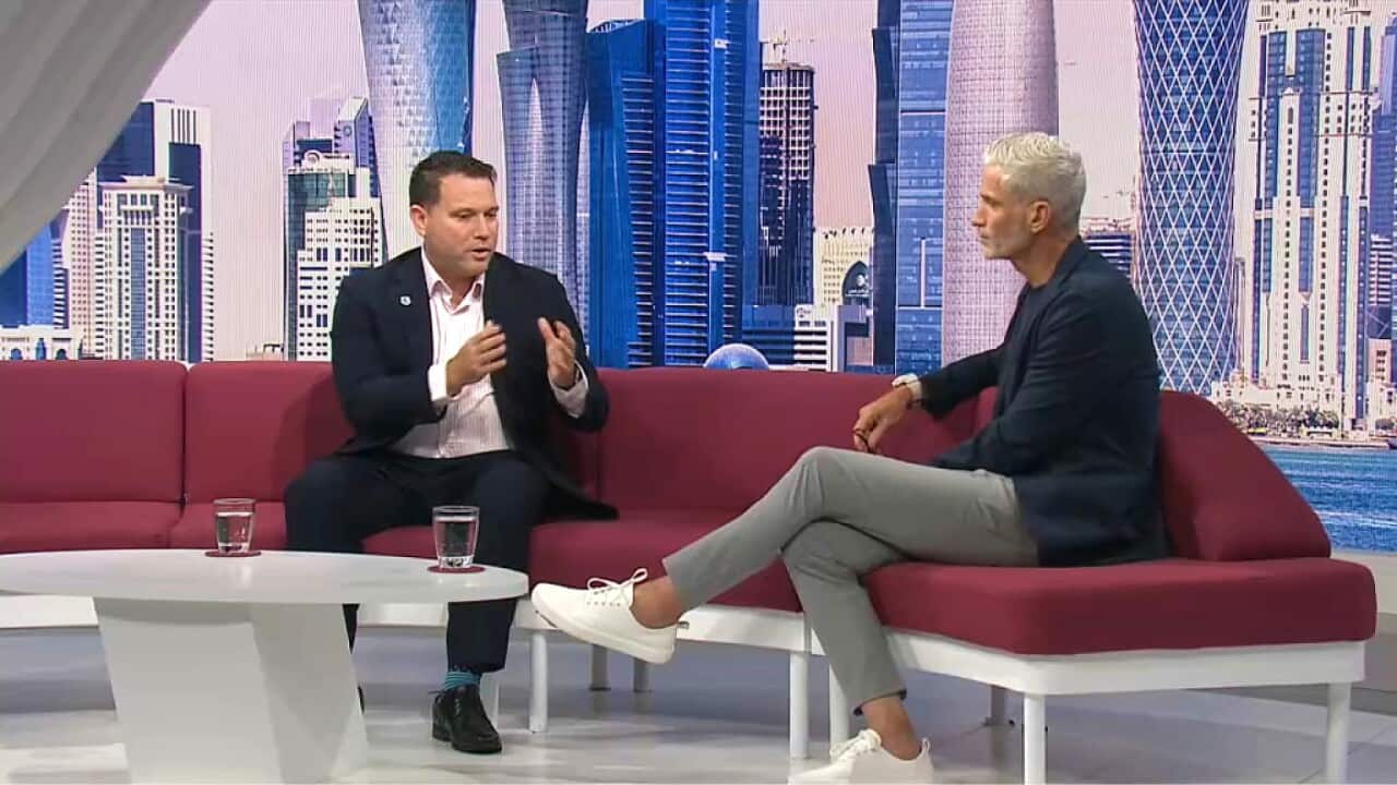 Football Australia CEO James Johnson talking to Craig Foster (SBS).jpg