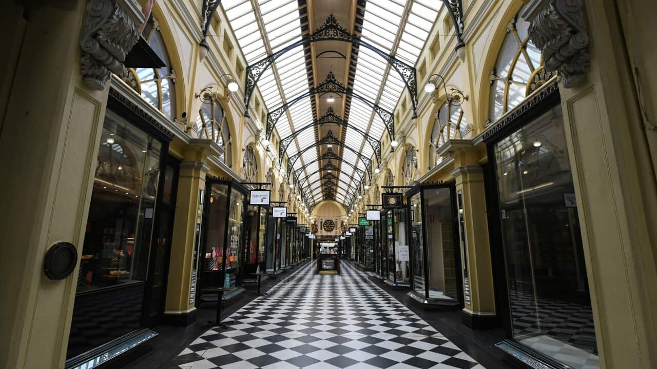 An empty Royal Arcade is seen in Melbourne, Saturday, February 13, 2021.