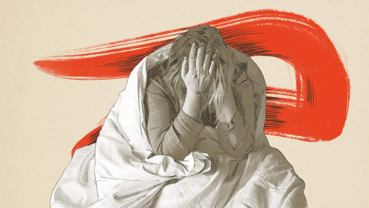 Graphic of woman in distress with head in hands.