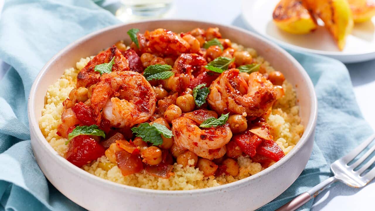 Harissa prawns with chickpeas and lemon couscous