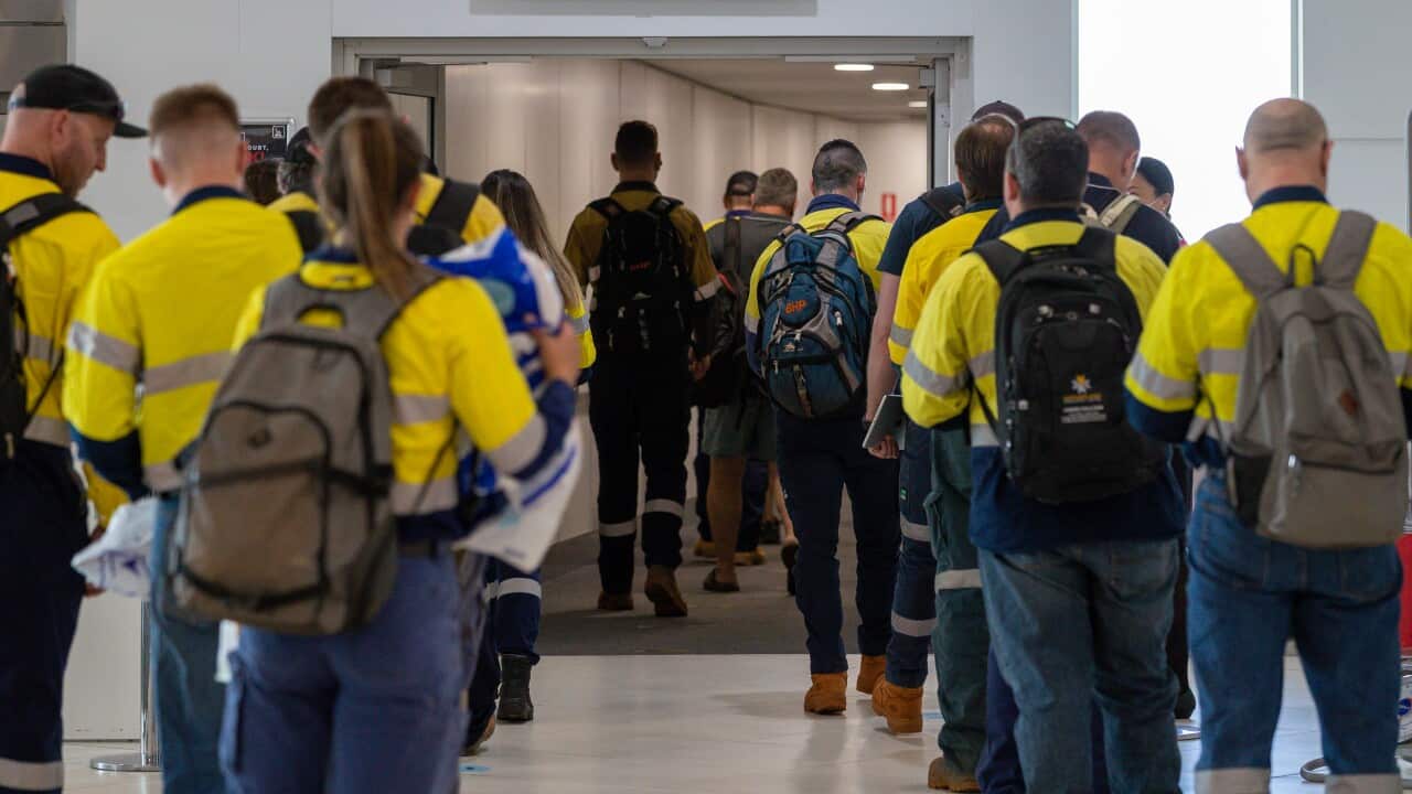 Workers in yellow and blue hi vis jackets and backpacks stand in queues to board a Qantas flight.