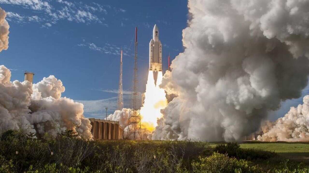 A rocket carrying 'Galileo' system navigation satellites launches.