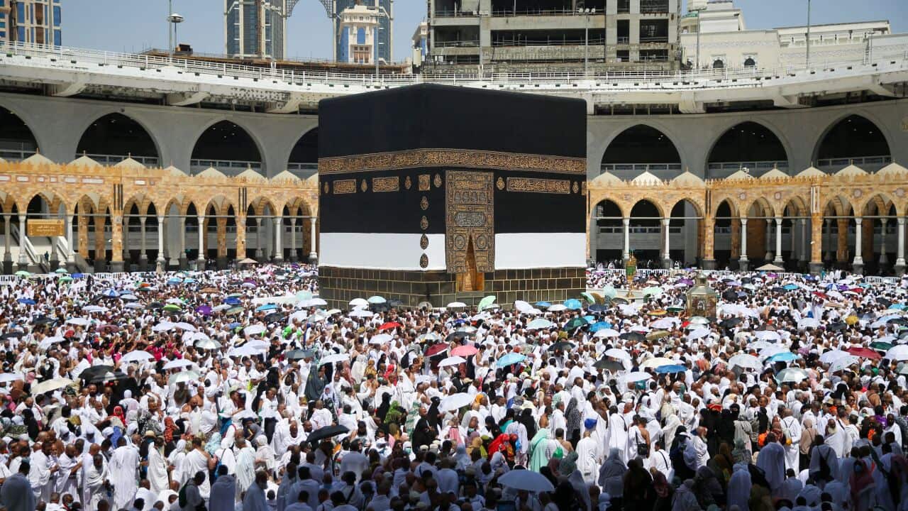 Muslim worshippers gather before the Kaaba at the Grand Mosque in Saudi Arabia's holy city of Mecca on 1 July, 2022.
