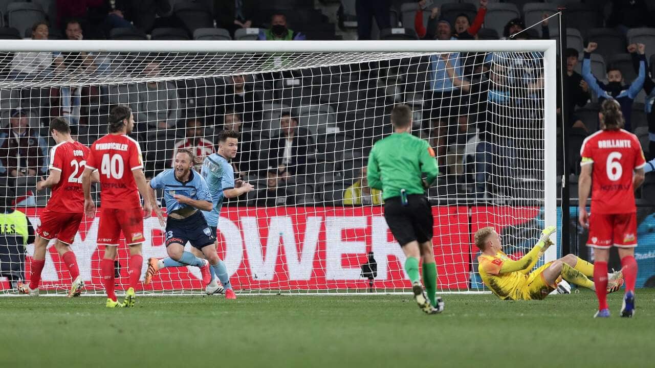 Sydney FC’s Ryan Grant celebrates scoring the winner in the A-League Grand Final against Melbourne City.