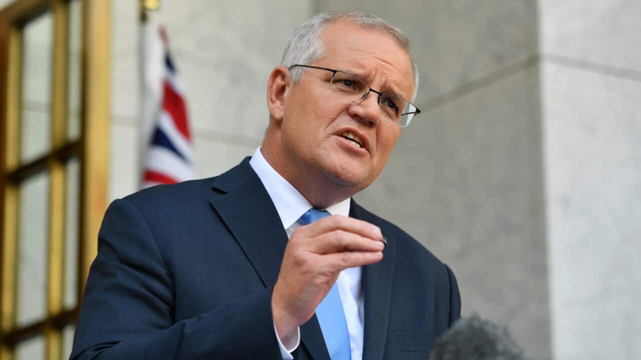 Prime Minister Scott Morrison speaks to the media announcing a 21 May election during a press conference at Parliament House in Canberra, Sunday, April 10, 2022. (AAP Image/Mick Tsikas)