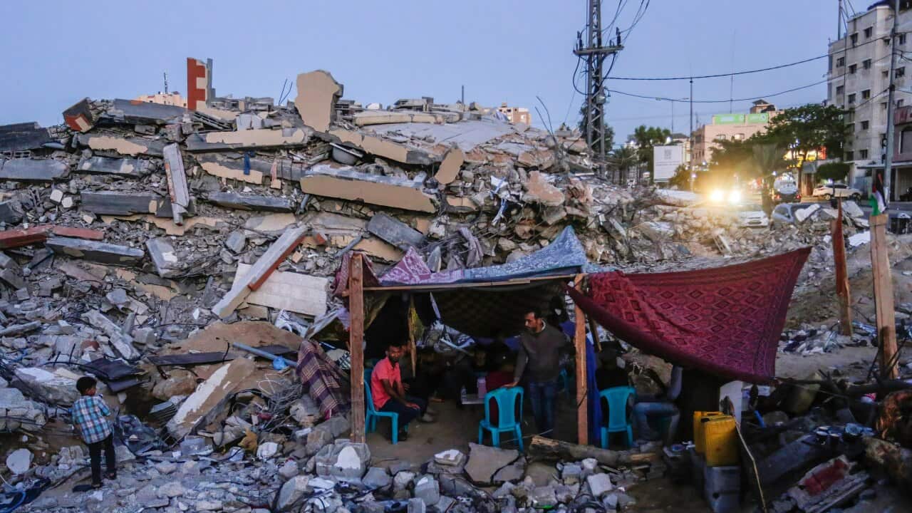 A tent by the rubble surrounded by destroyed houses in Beit Hanoun town following airstrikes in Gaza.