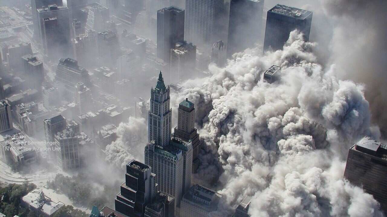 An aerial view of the terror attacks on the World Trade Center in New York