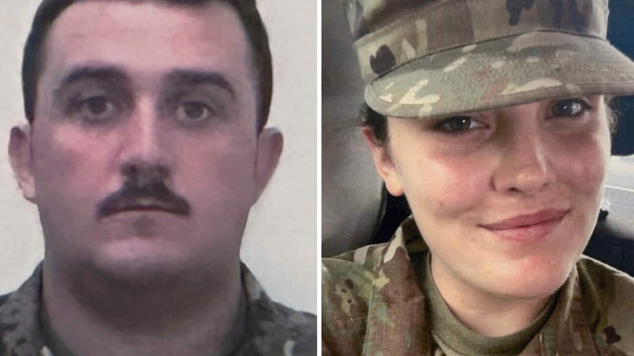 A composite image of a man and woman, both in army fatigues.