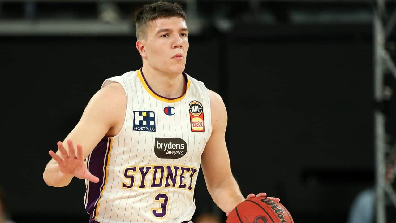 Dejan Vasiljevic of Sydney in action during the NBL match between the South East Melbourne Phoenix and Sydney Kings at John Cain Arena in Melbourne, Saturday, March 6, 2021. (AAP Image/Hamish Blair) NO ARCHIVING, EDITORIAL USE ONLY