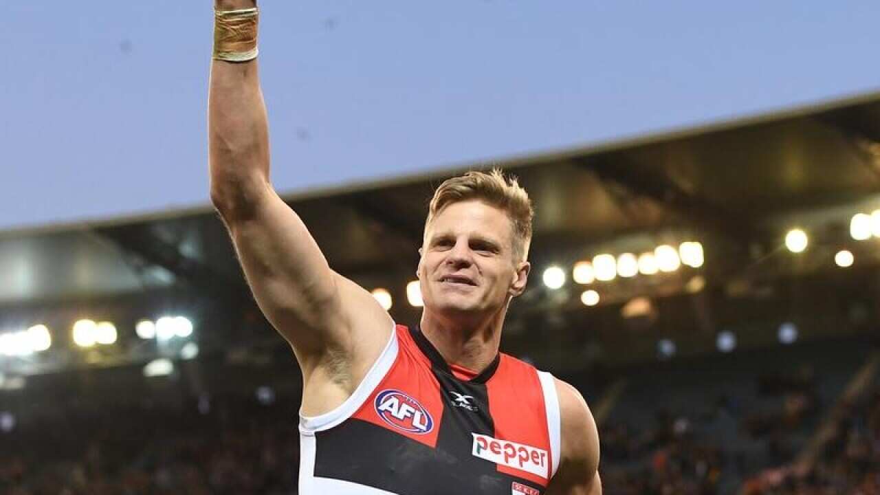 A file image of Nick Riewoldt of the Saints chaired after a game.