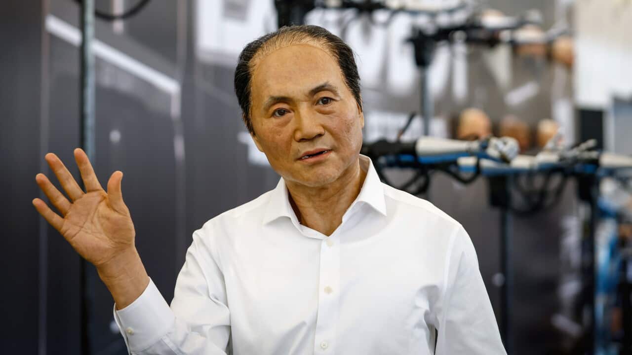 A humanoid robot waves.