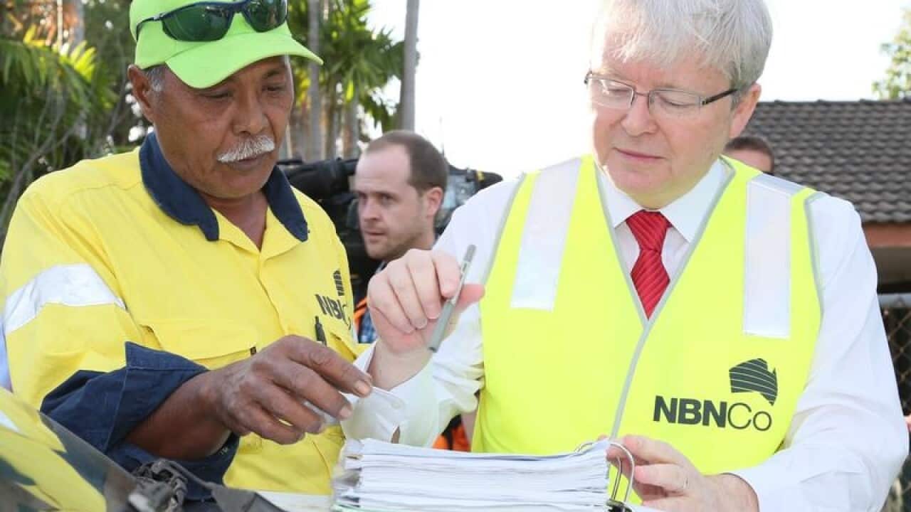 Then prime minister Kevin Rudd inspects an NBN site in 2013.
