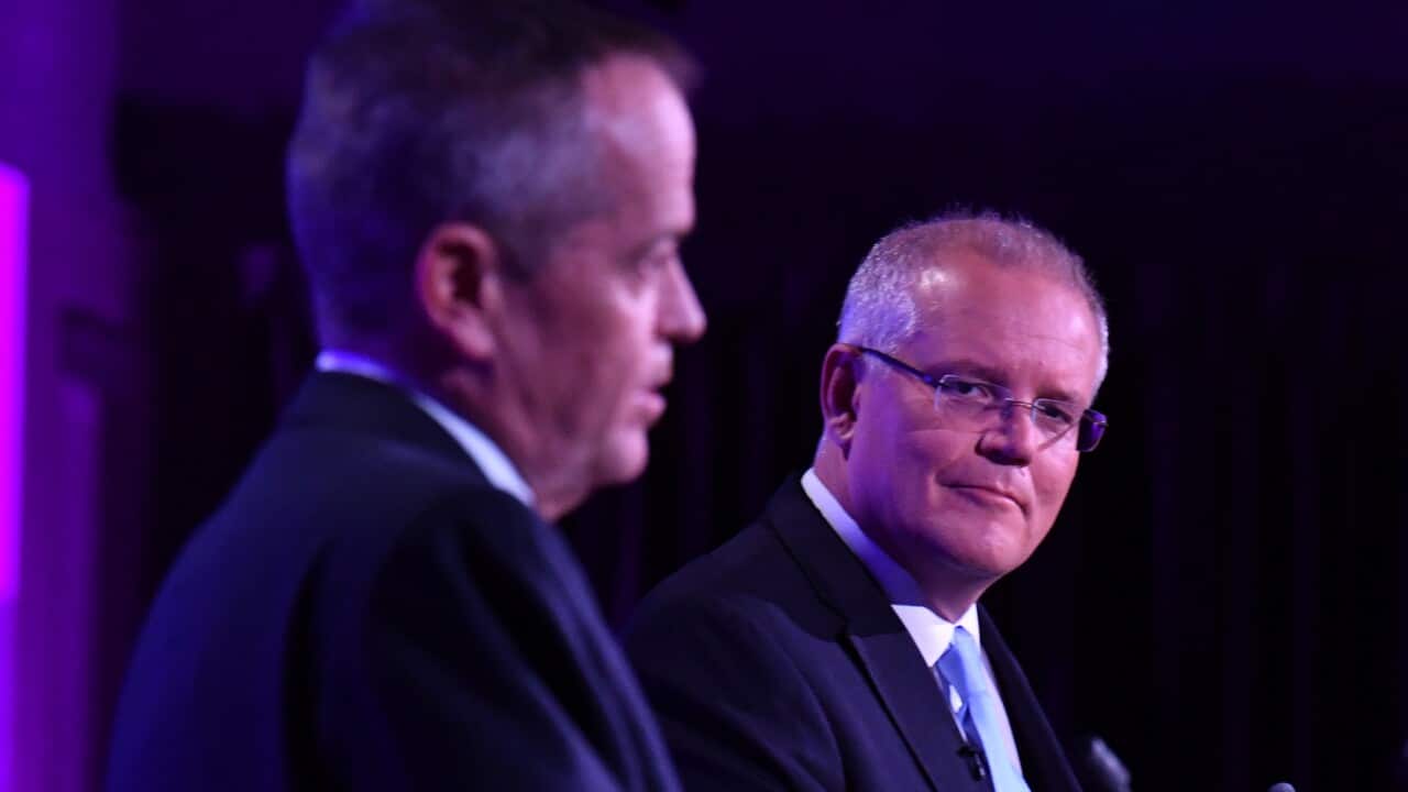 Leader of the Opposition Bill Shorten and Prime Minister Scott Morrison during the third Leaders Debate at the National Press Club in Canberra, Wednesday, May 8, 2019. (AAP Image/Mick Tsikas) NO ARCHIVING