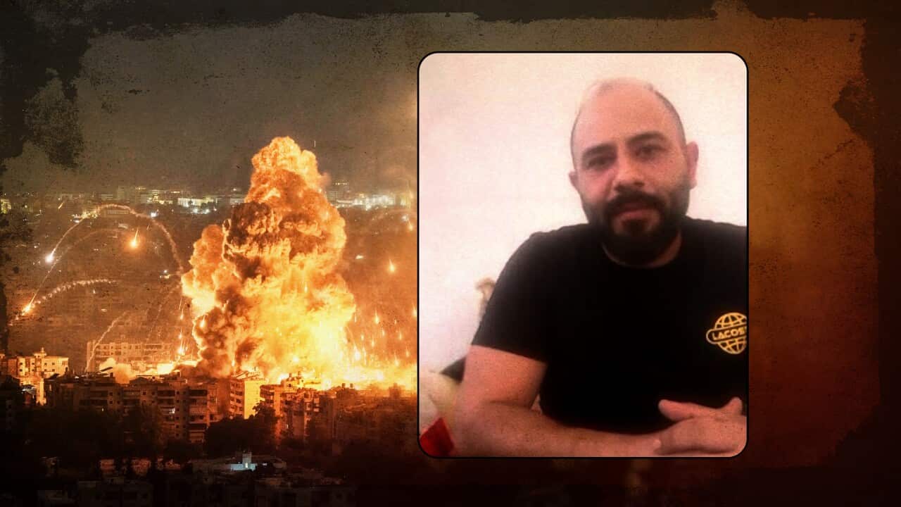 A man in a black t shirt inset next to an image of an explosion above a building