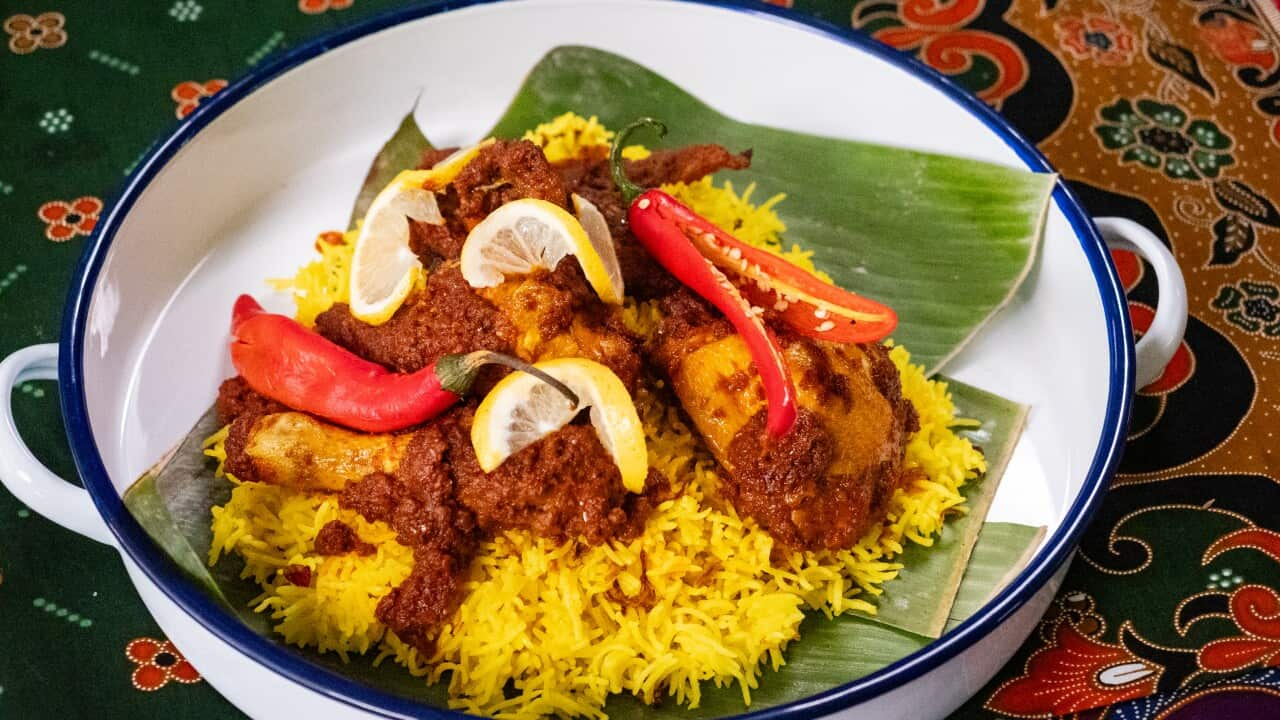 Lemon chilli chicken (ayam pangang) with turmeric rice (nasi kuning) 