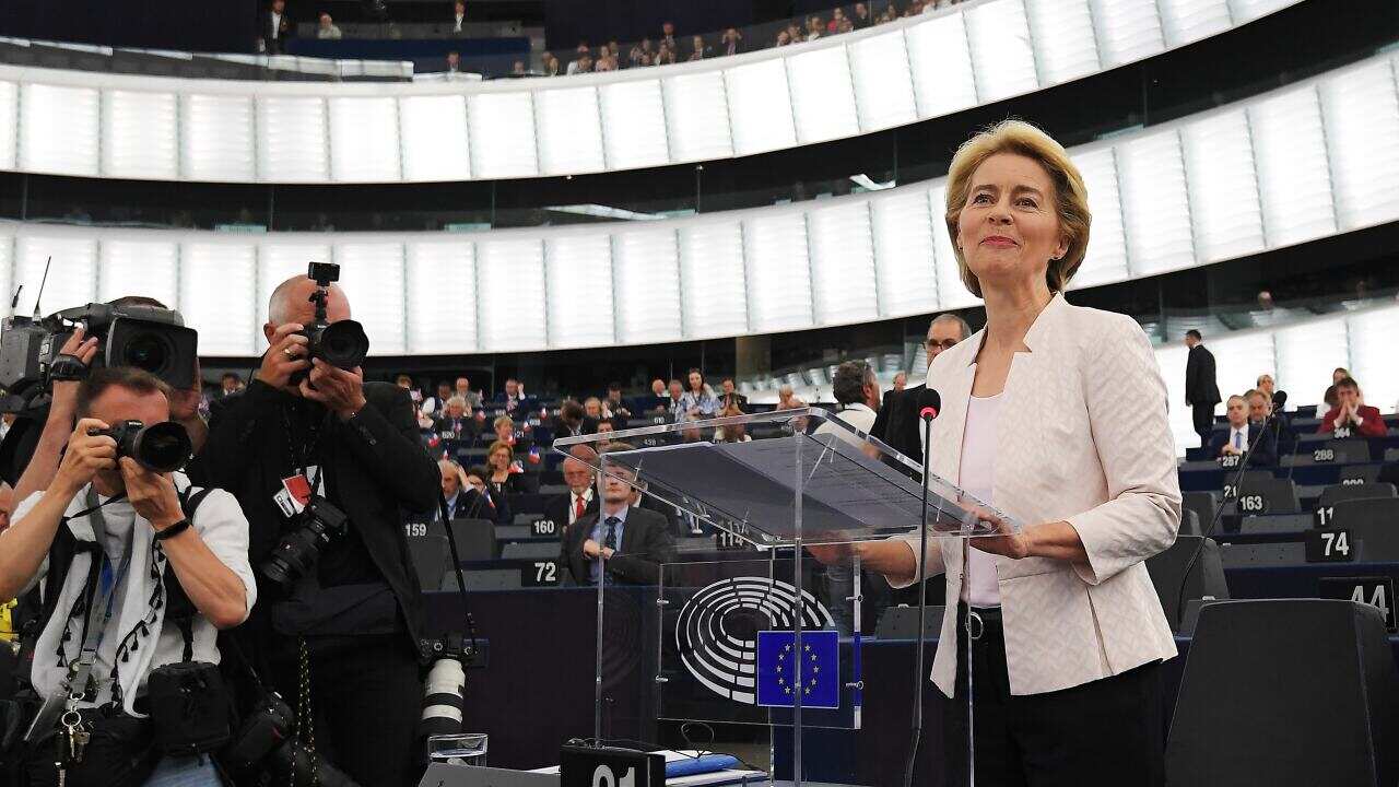 Ursula von der Leyen delivers a speech at the EU Commission