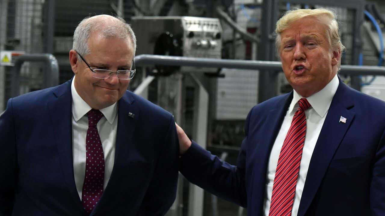 US President Donald Trump and Australia's Prime Minister Scott Morrison at the opening of Pratt Paper Plant in Wapakoneta, Ohio, United States, Sunday, September 22, 2019. (AAP Image/Mick Tsikas) NO ARCHIVING