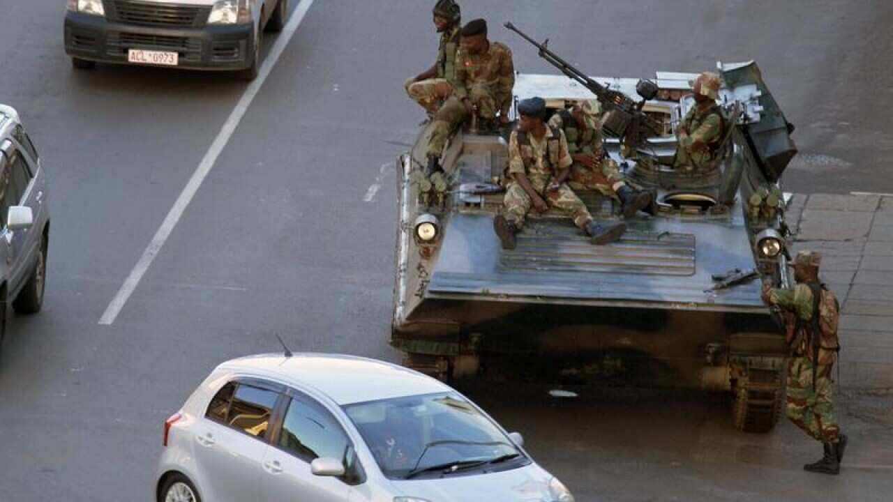 Military vehicle outside the office of President Robert Mugabe.