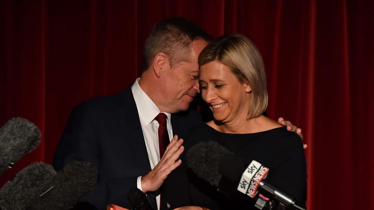 Labor candidate for Longman Susan Lamb and Leader of the Opposition Bill Shorten claim victory in the seat of Longman at the Caboolture RSL Club.
