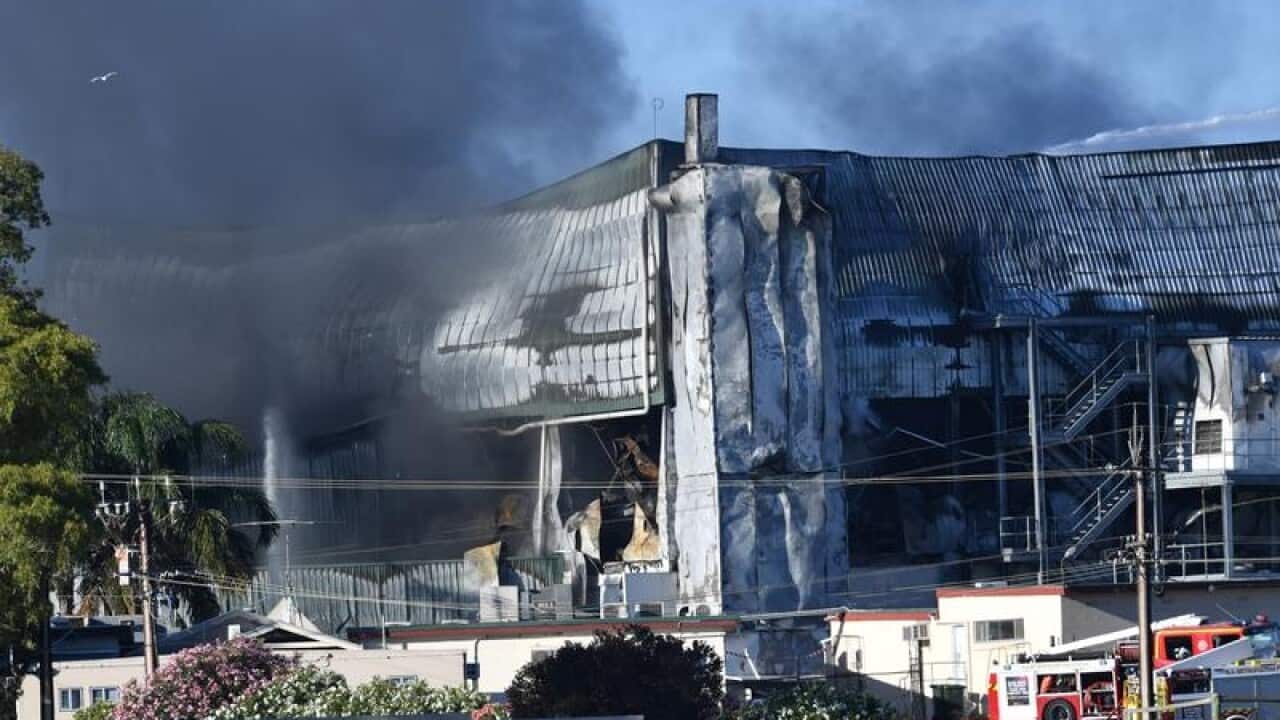 A large fire burns at the Thomas Foods Murray Bridge abattoir.