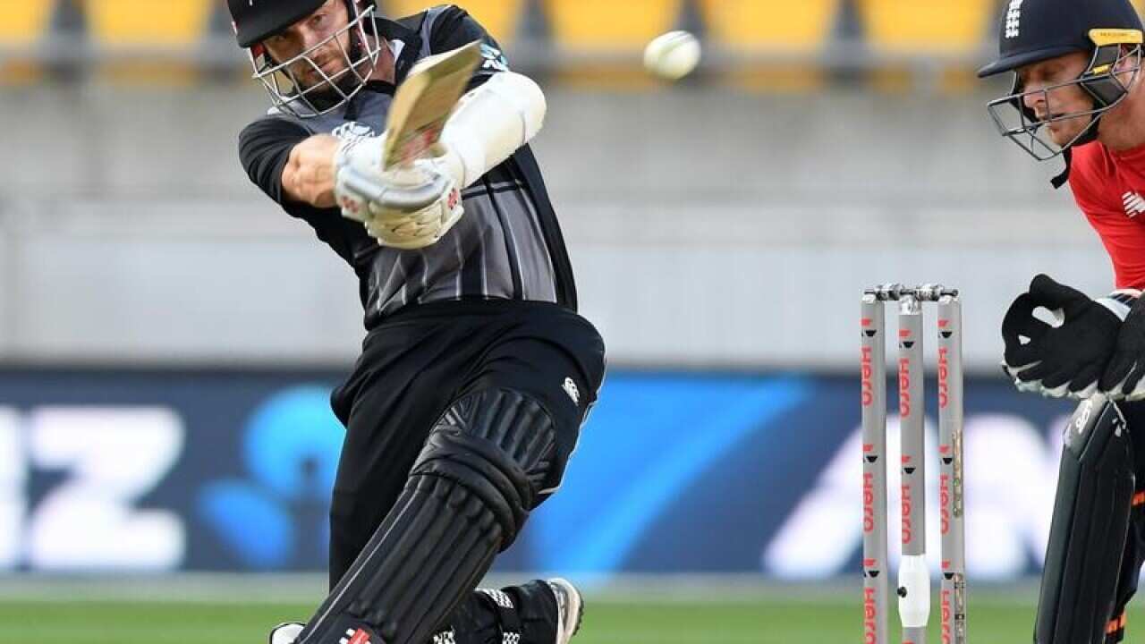 Kane Williamson of New Zealand hits the ball during a match.
