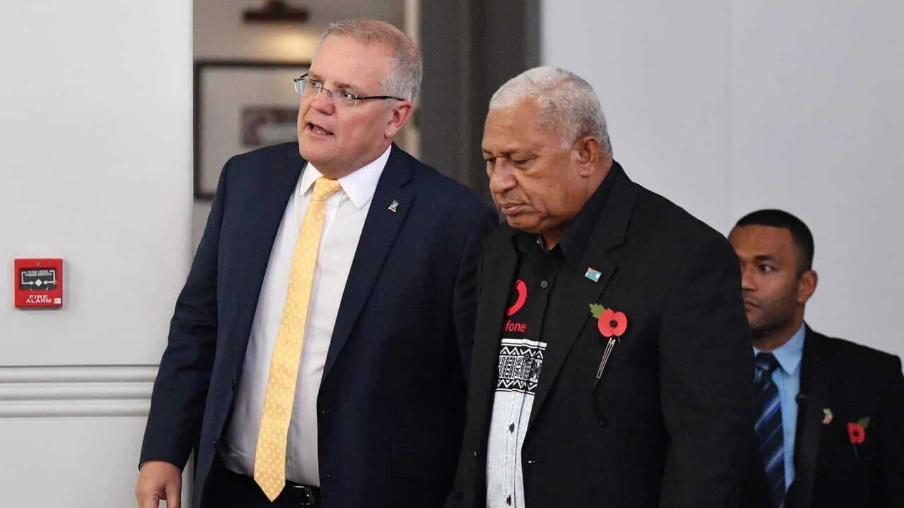 Scott Morrison with Frank Bainimarama during a visit to Fiji in 2019