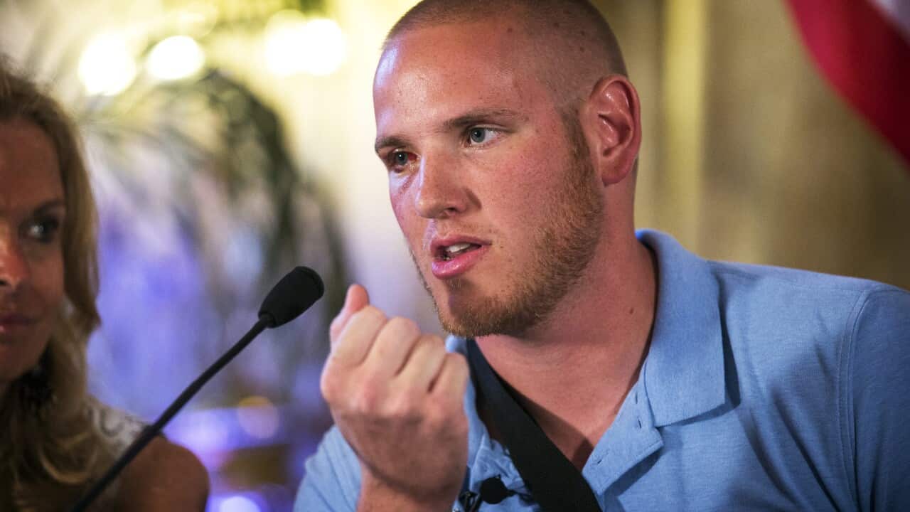 US serviceman Spencer Stone gives his version of what happened in the train, during a press conference at the US embassy (EPA/ETIENNE LAURENT)