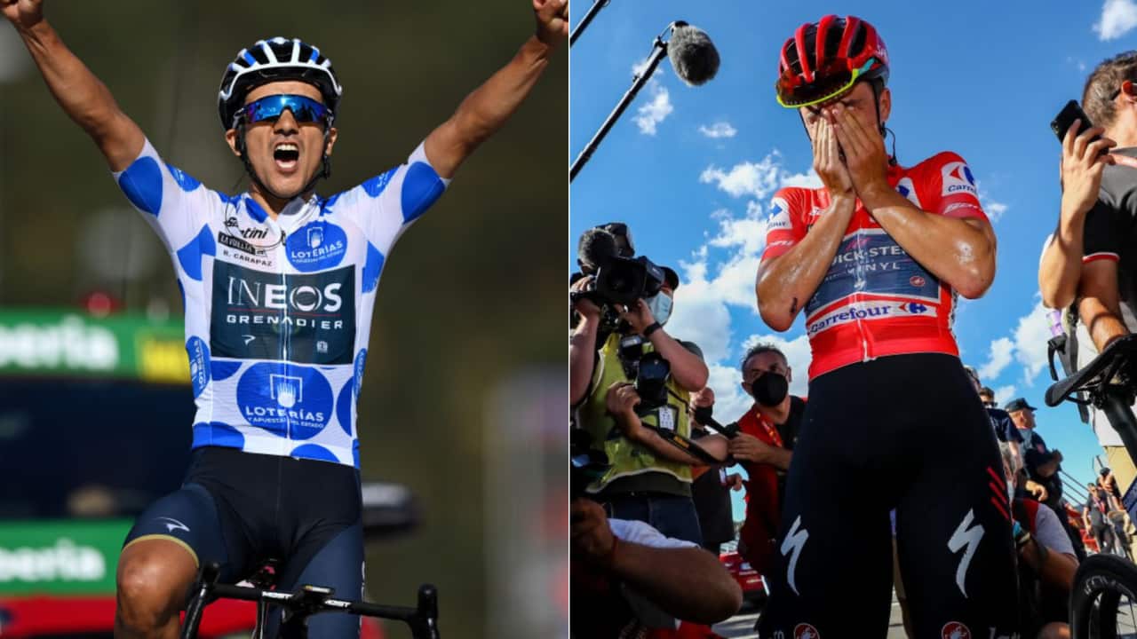 Richard Carapaz (Ineos) celebrates winning Stage 20 as Remco Evenepoel (Quick-Step Alpha Vinyl) reacts to his overall triumph