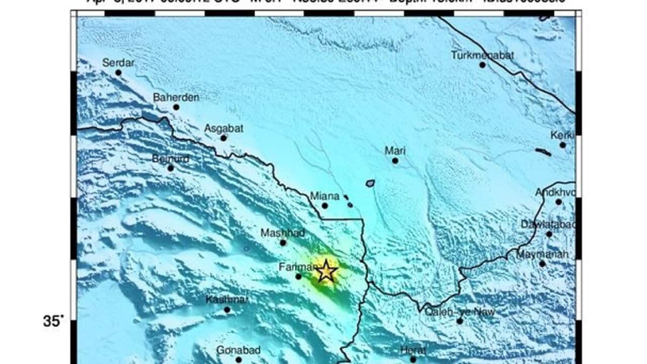 The location of a 6.1 magnitude earthquake near the city of Mashhad