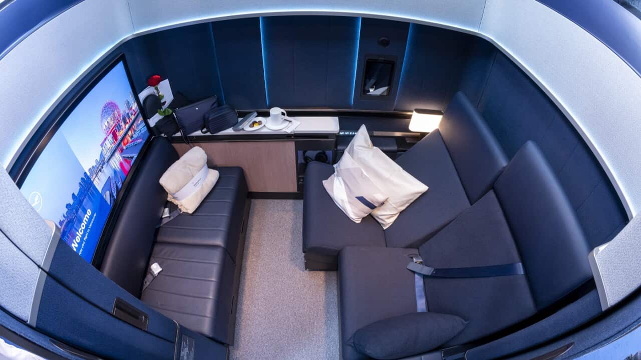 A first-class plane cabin layout (Getty).